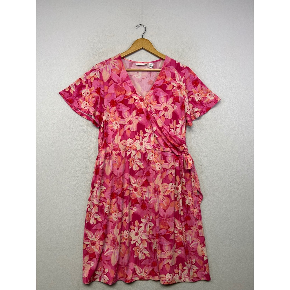 Summer Floral Susan Graver Womens Large Pink Faux Wrap Liquid Knit Dress